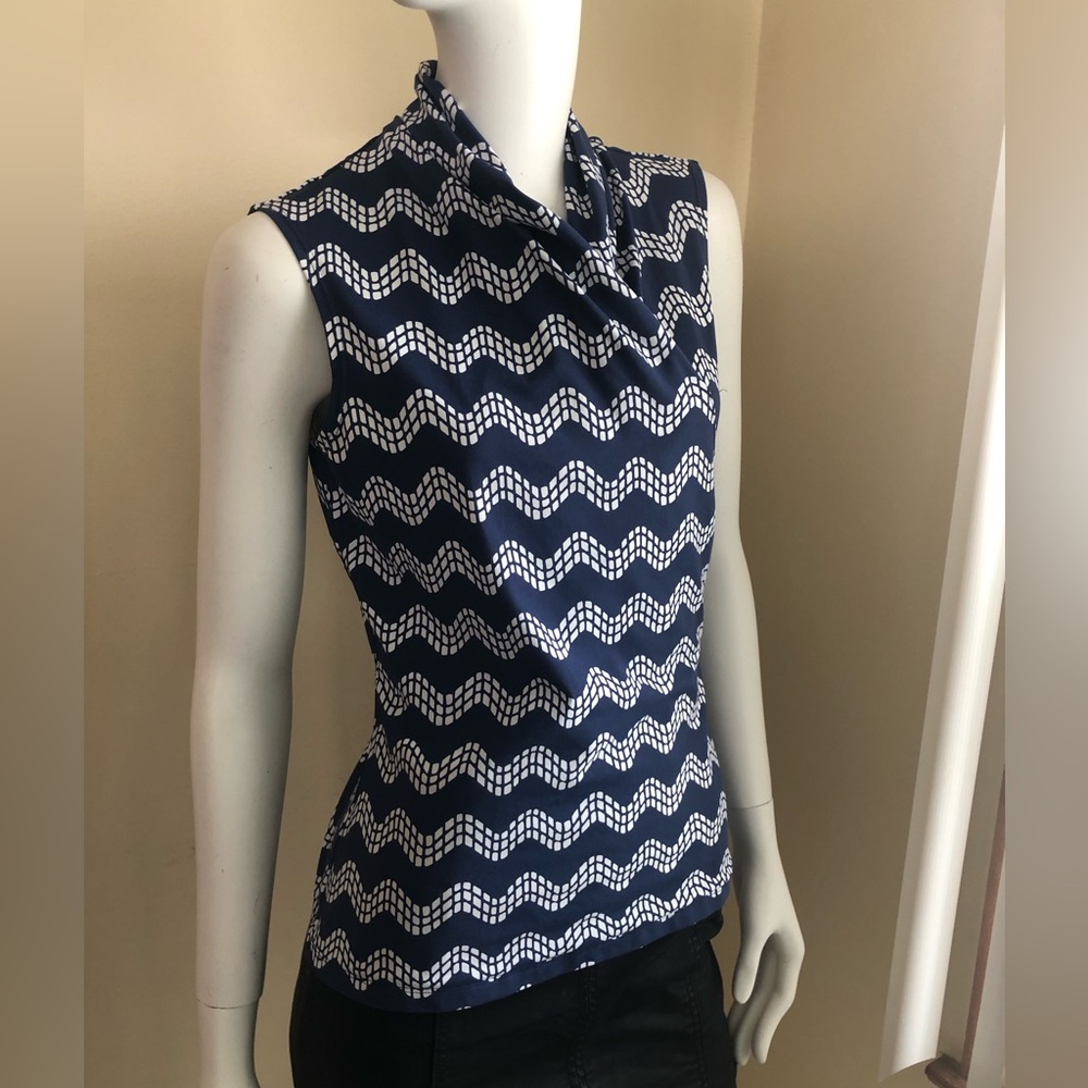 J. McLaughlin sleeveless top in blue and white faux wrap - Picture 2 of 15